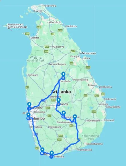 Sri Lanka itinerary 10 days map route